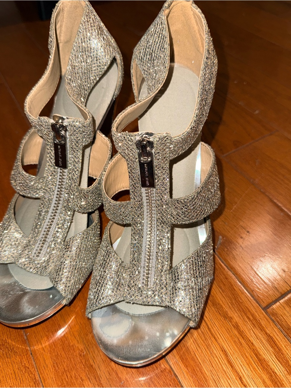 Michael Kors Berkeley Silver Glitter T-Strap High Heel Sandal